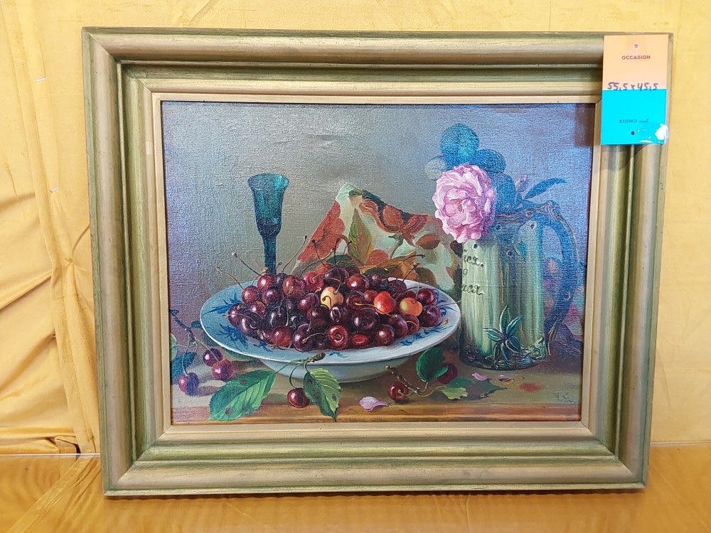 TABLEAU NATURE MORTE FRUITS ET POT CADRE VERT 55X45CM 