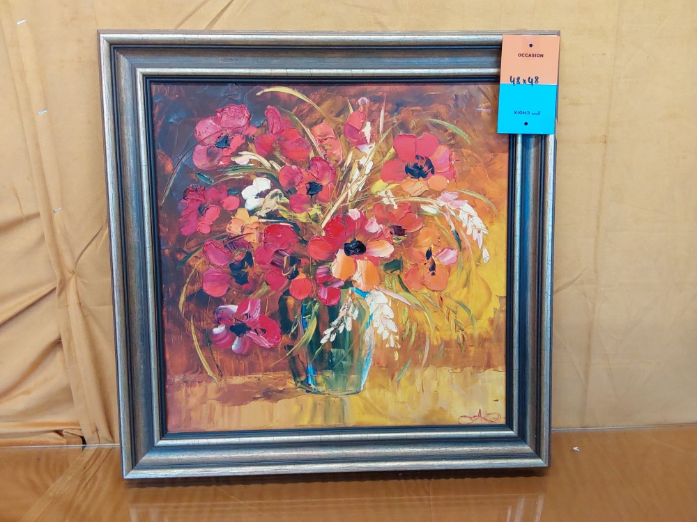TABLEAU PEINTURE AU COUTEAU MOTIF COQUELICOTS CADRE DORÉ 48X48CM 
