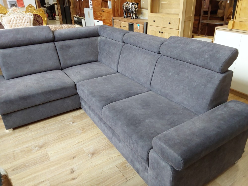 Canape D'angle Tissu Gris Convertible Coffre Et Tetieres Rabattables