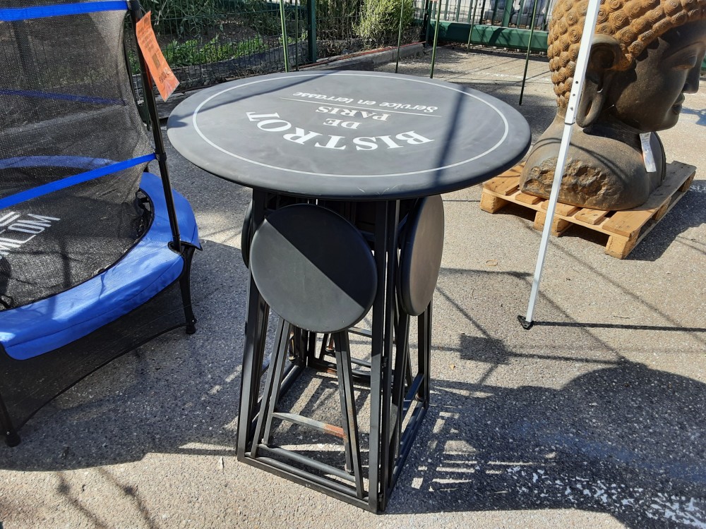 Table Bistrot Avec 4 Tabourets Pliable Metal Noir Exterieur Ouverte 160 Cm De Diametre