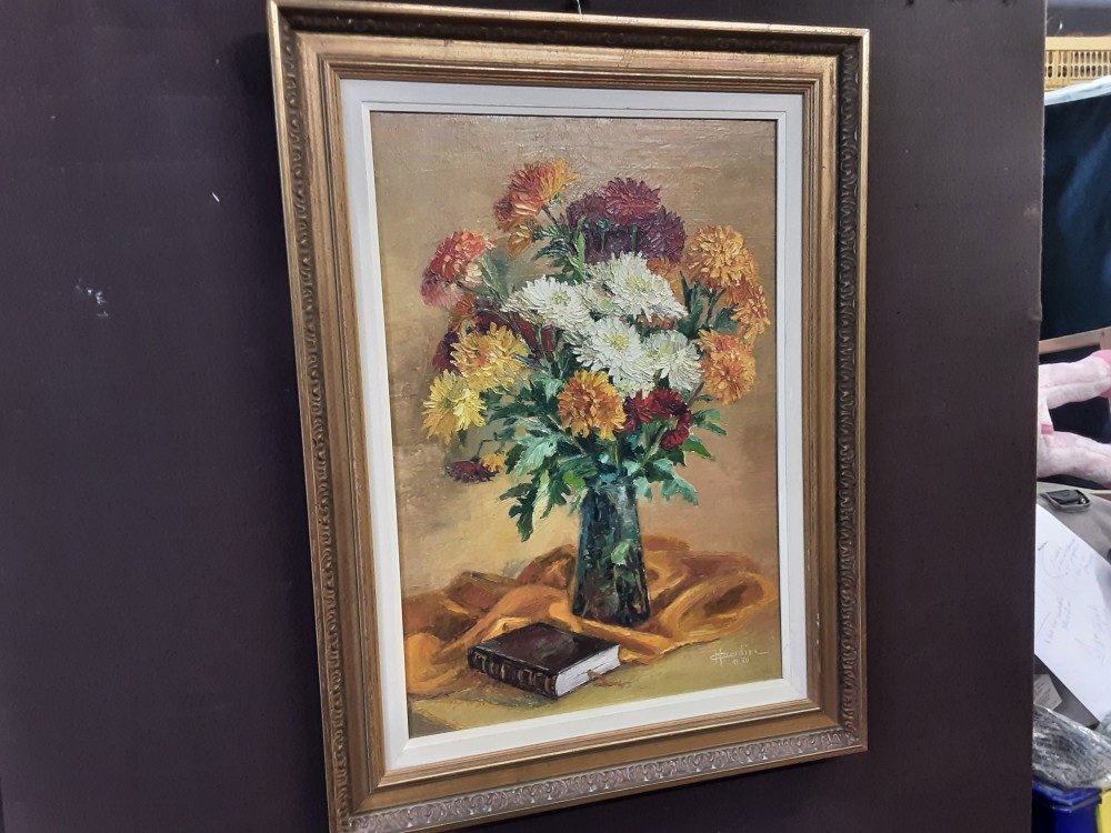 TABLEAU FLEURS AVEC VASE SIGNE 52X89