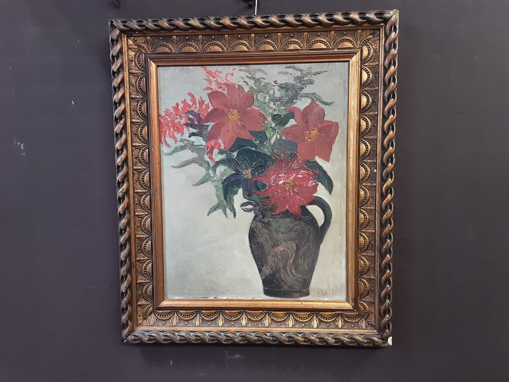 TABLEAU FLEUR ROUGE CADRE DORE 46X54