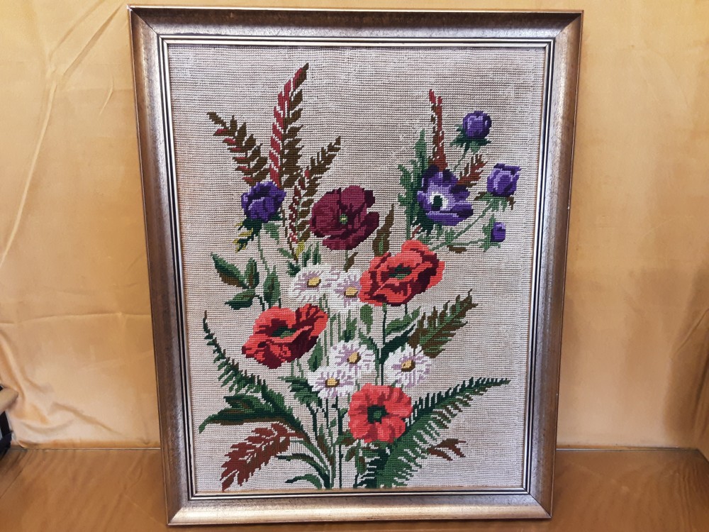 TABLEAU CANEVAS FLEURS CADRE DORE