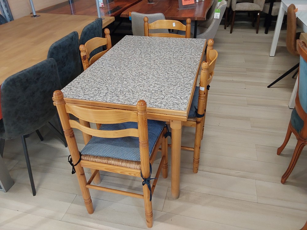 TABLE DE CUISINE BOIS CLAIR IMIT MARBRE 2 ALLONGES INTEGREES + 4 CHAISES EN PIN