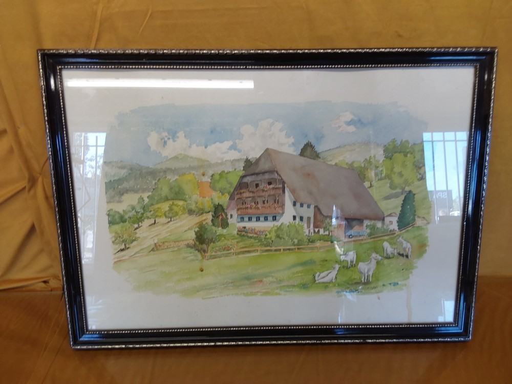 TABLEAU AQUARELLE GM CHALET CHEVRES CDARE NOIR DORE SIGNE GTSCHUDY