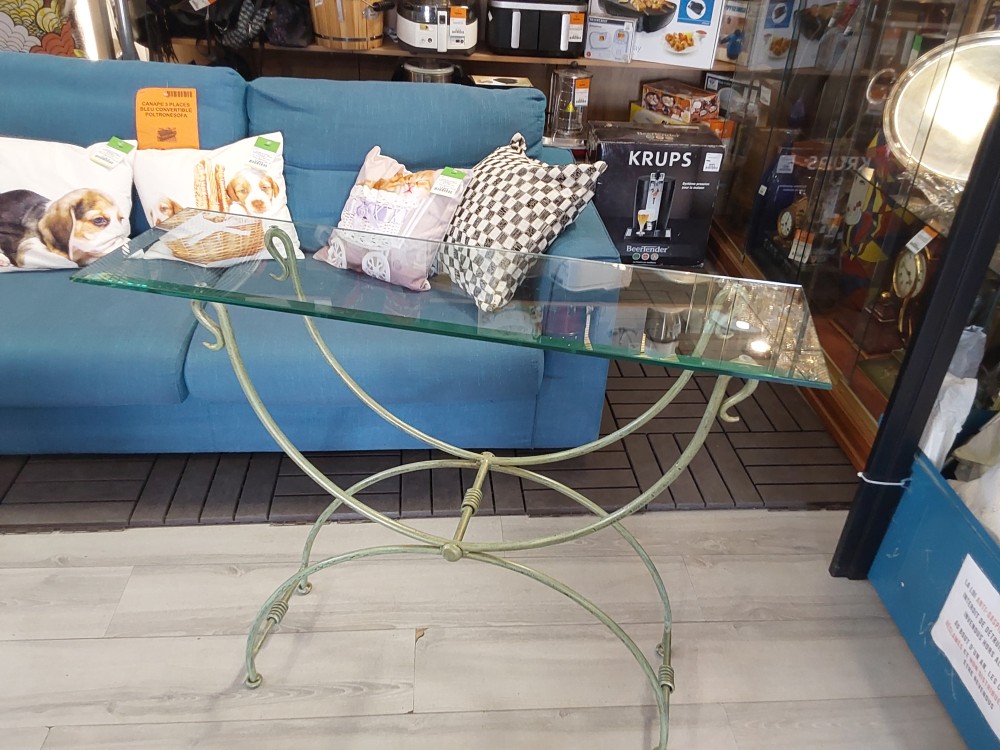 CONSOLE PIEDS FER FORGE VERT ET PLATEAU VERRE