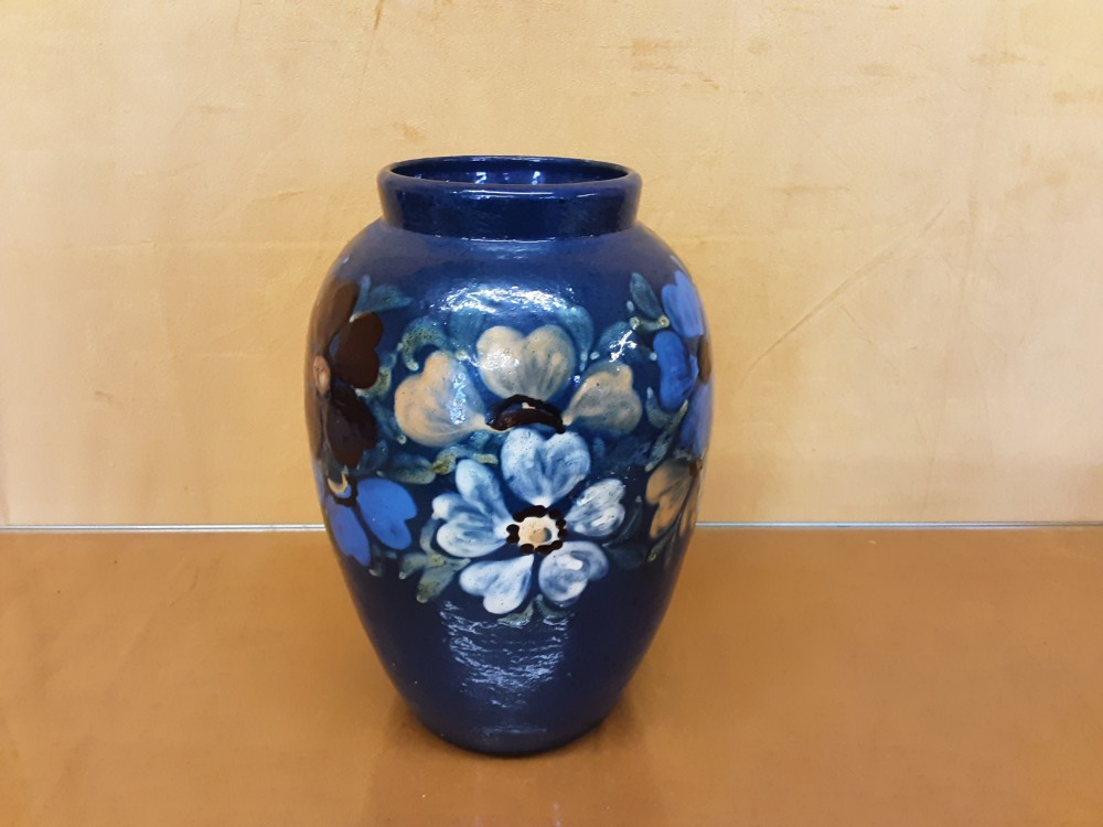 VASE BLEU GM SIGNE TERRE CUITE MOTIFS FLEURS MILTICOLORES