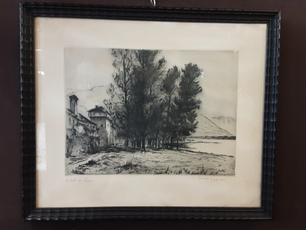 TABLEAU EAU FORTE ARBRES MAISON RIVIERE
