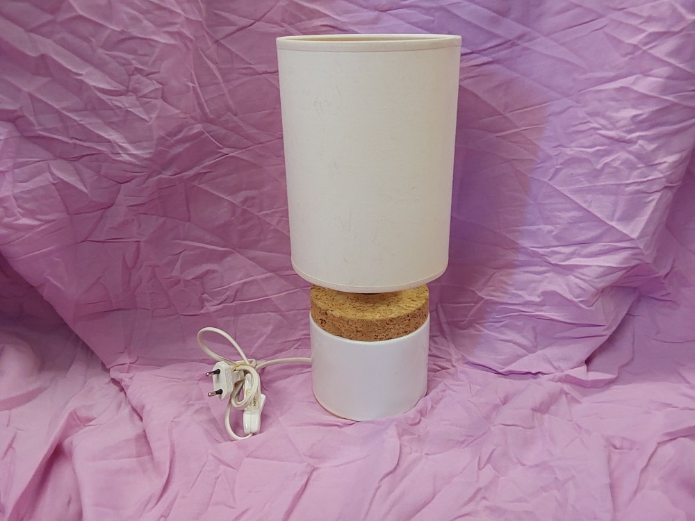 LAMPE DE CHEVET PIED PORCELAINE BLANCHE ET LIEGE ABAT JOUR CREME