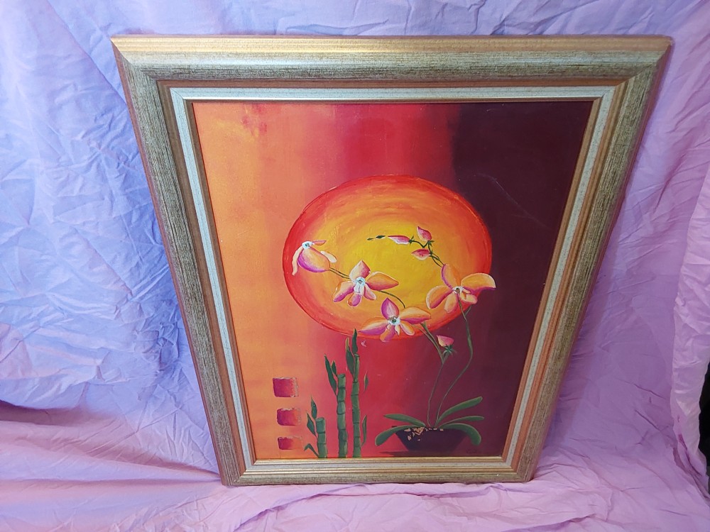 TABLEAU CADRE DORE MOTIF FLEURS ORANGEES