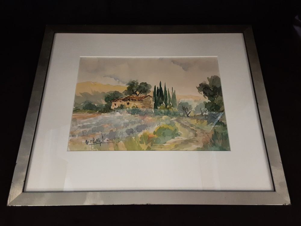 AQUARELLE MAISON PROVENCALE CADRE GRIS 