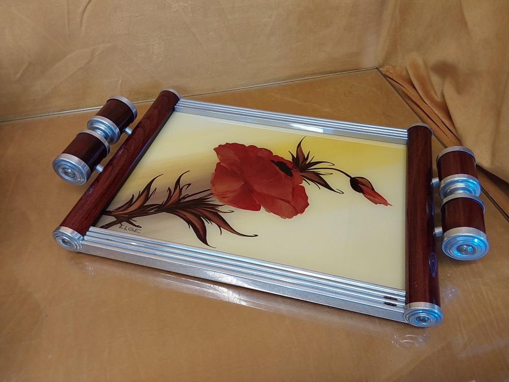 PLATEAU A ANSES BOIS METAL ET VERRE