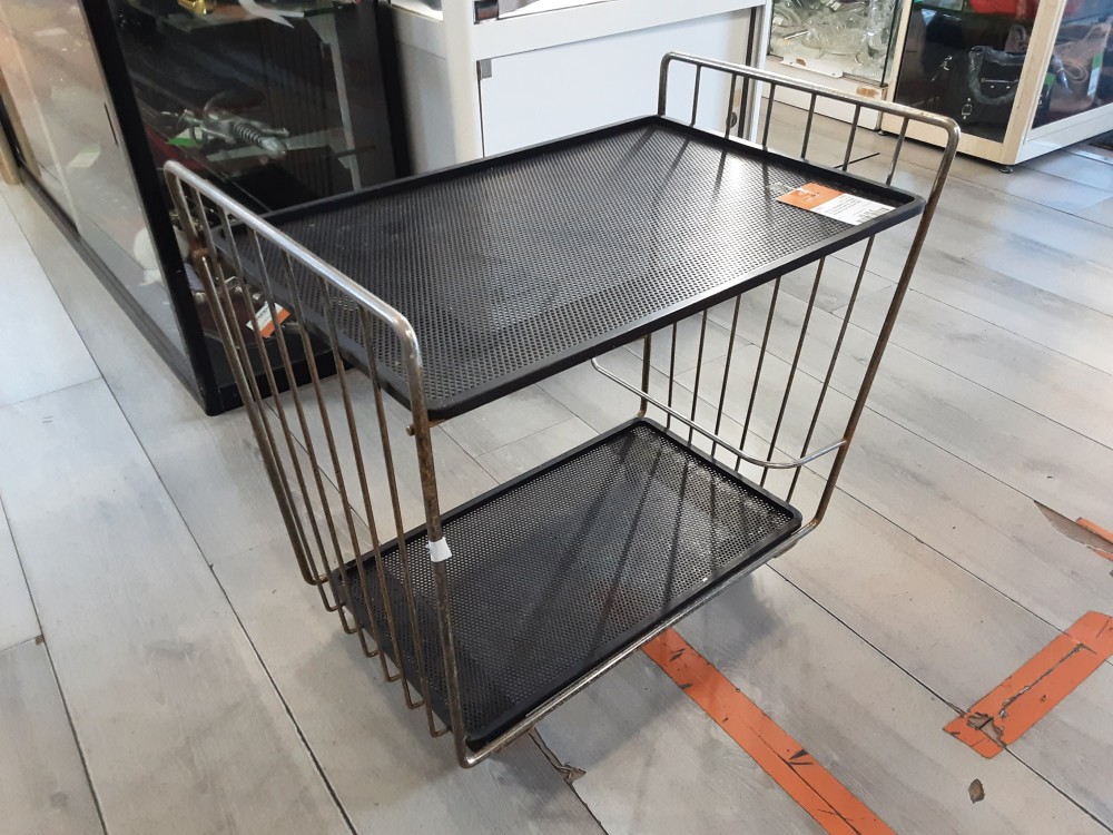 PETITE DESSERTE VINTAGE PLATEAU EN METAL NOIR 2 NIVEAUX SUR ROULETTES