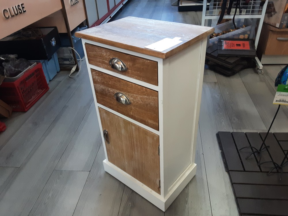 MEUBLE 2 TIROIRS 1 PORTE EN BOIS ET BLANC