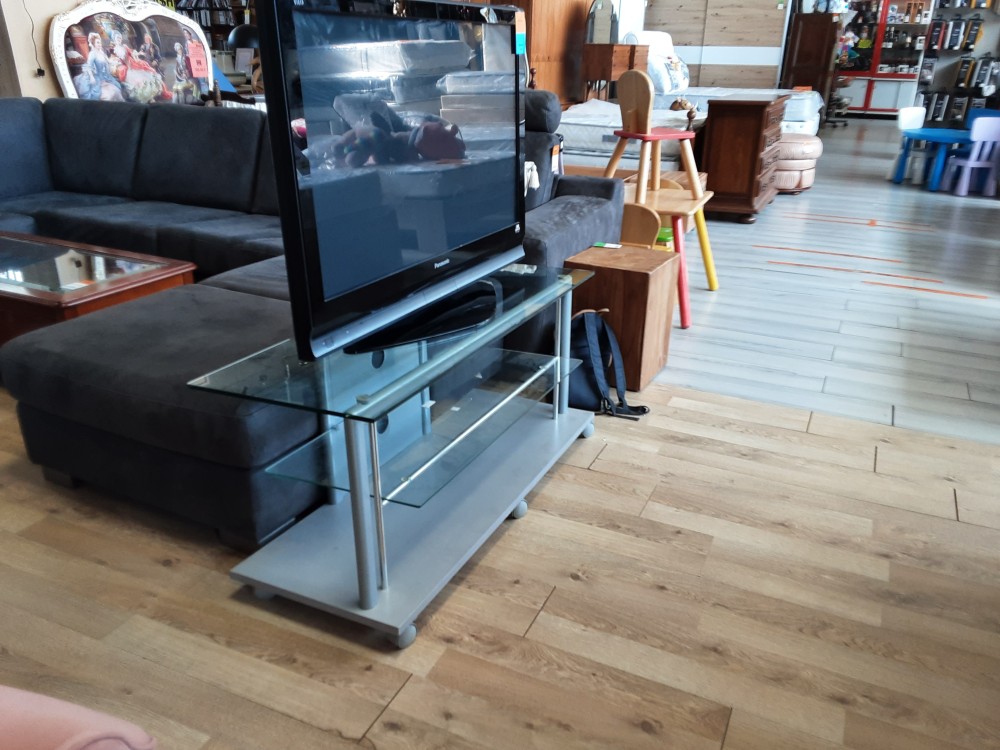 MEUBLE TV DOUBLE PLATEAUX VERRE SUR ROULETTE