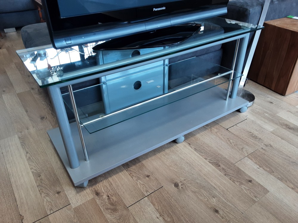 MEUBLE TV DOUBLE PLATEAUX VERRE SUR ROULETTE