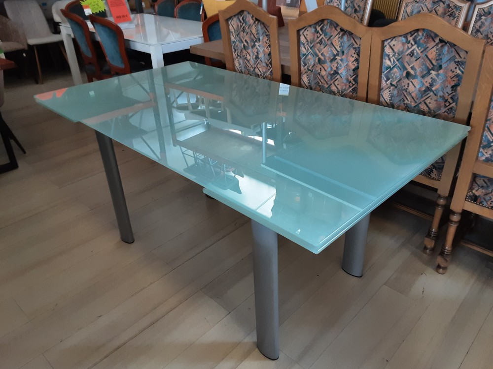 TABLE DE SALLE A MANGER 160 CMPLATEAU VERRE OPAQUE 2 ALL. DE 40CM INTEGREES PIEDS GRIS