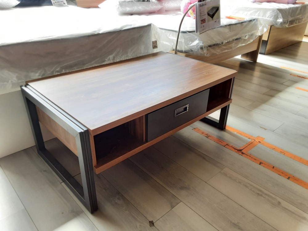 TABLE BASSE 2 TIROIRS AVEC NICHE COLORIS GRIS ET BRUN A RESTAURER