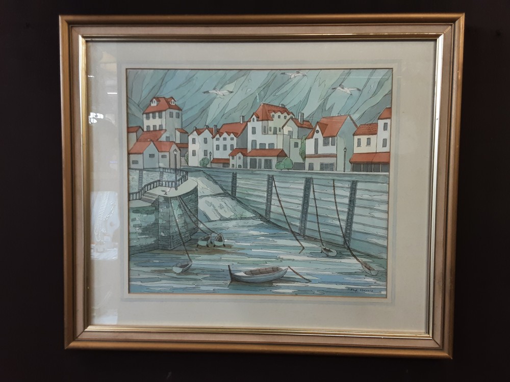 TABLEAU AQUARELLE MAISON PONT SIGNE
