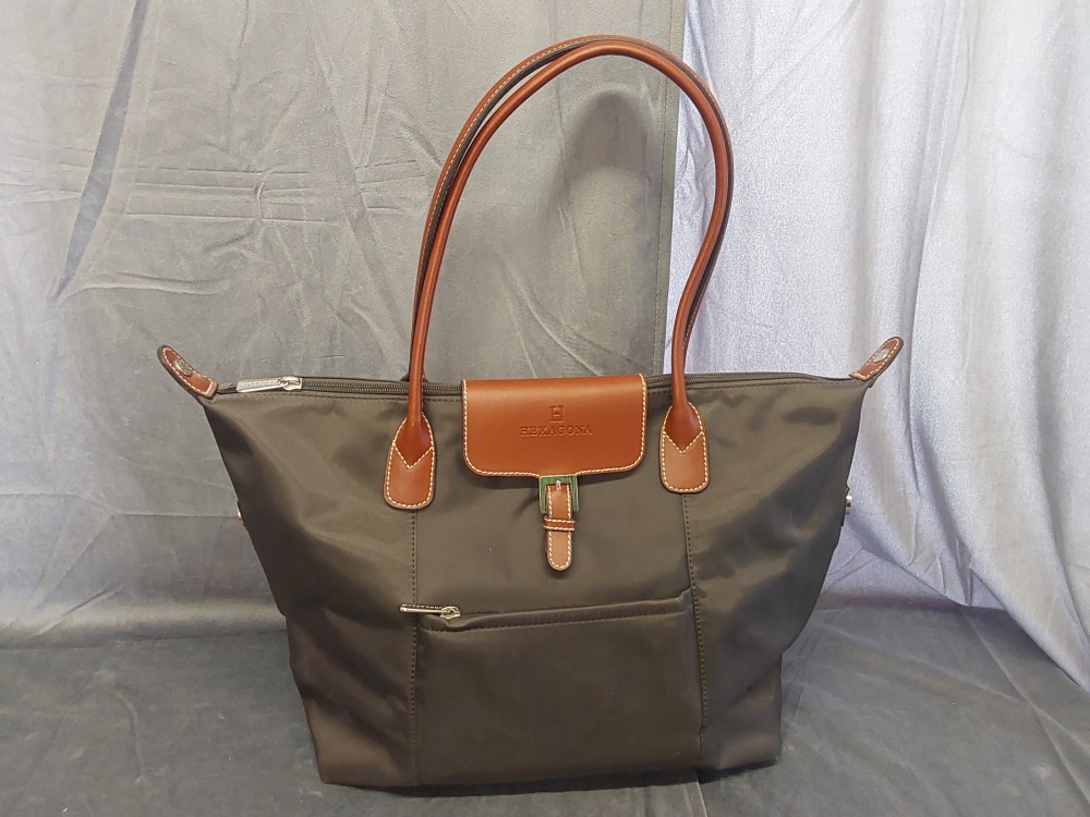 Sac A Main En Toile Impermeable Noir Et Brun Hexagona