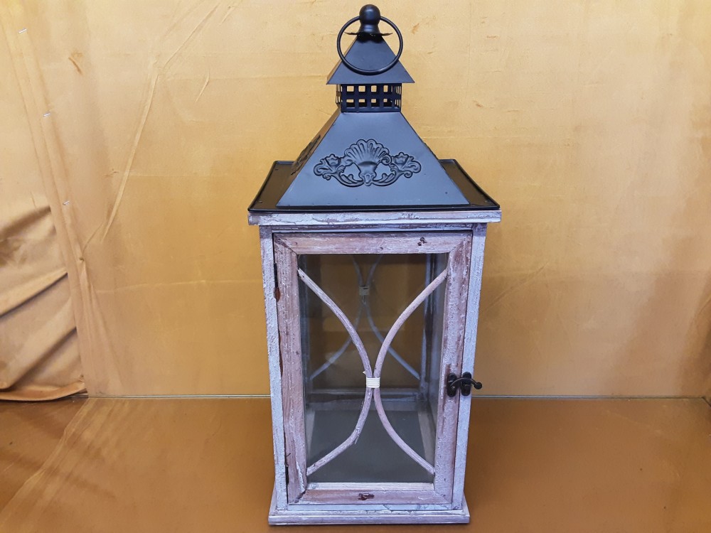 LANTERNE BOIS ET METAL DECORATIVE VITRES EN VERRE H. 52CM