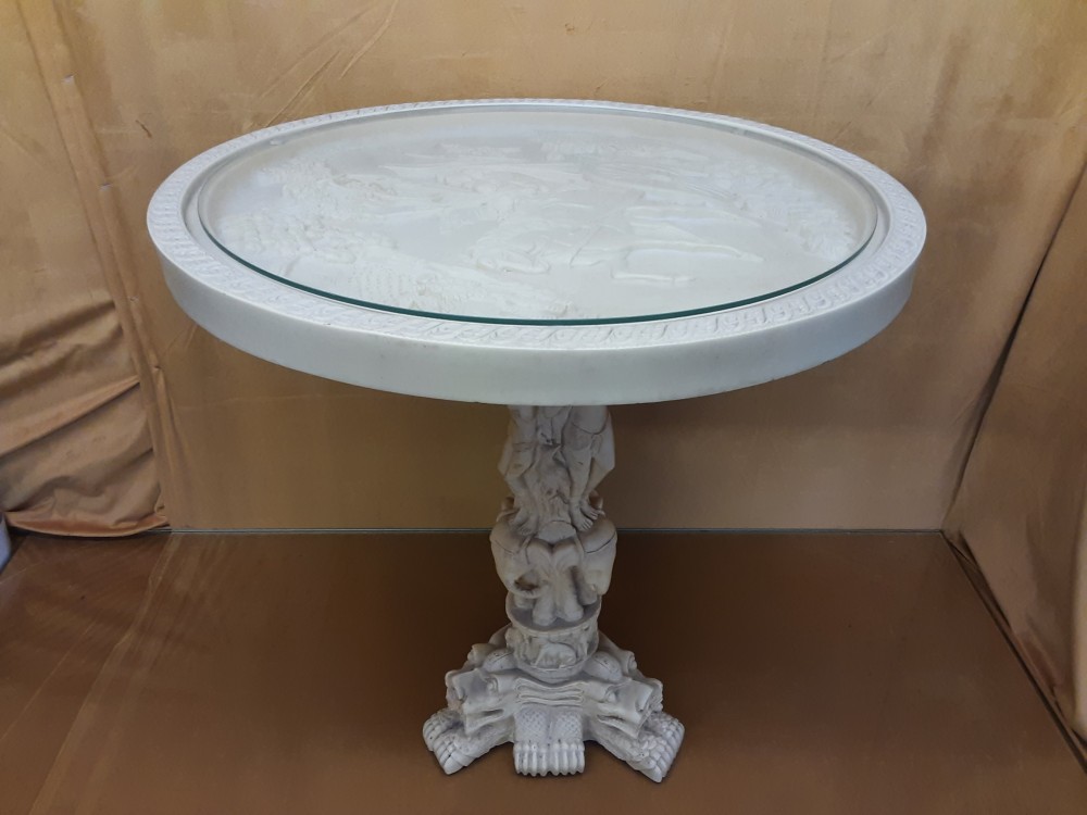 TABLE SELLETTE BASSE RONDE MOTIF DRAGON DAMES RESINE IMITATION MARBRE