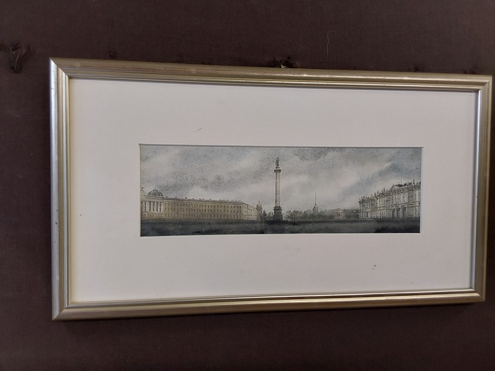 GRAVURE COULEUR CADRE ARGENTÉ MOTIF VILLE 38X 21
