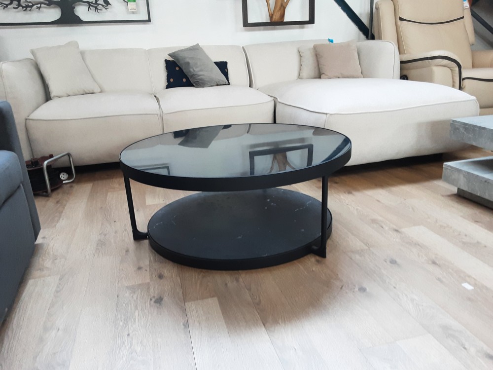 TABLE BASSE RONDE 2 PLATEAUX 1 VERRE FUME 1 IMITATION MARBRE