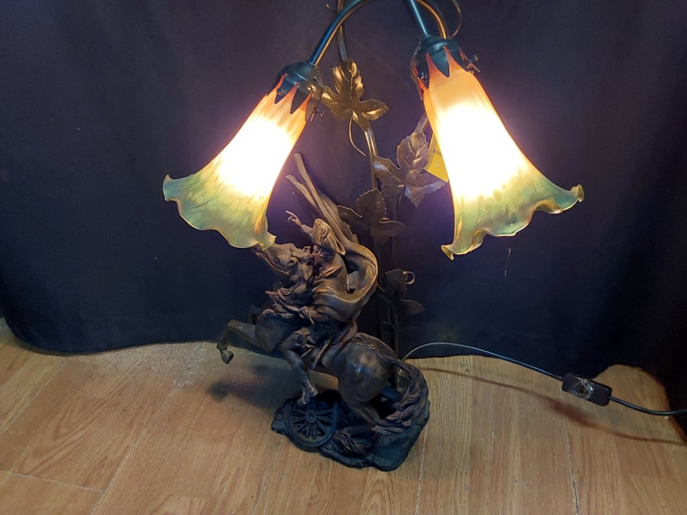LAMPE NAPOLEON (BOUTON POUSSOIR A CHANGER) EN RESINE 2 TULIPES PATE DE VERRE ORANGE VERRE HAUT. 63CM
