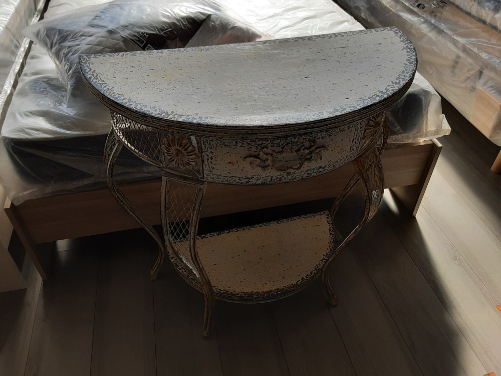 CONSOLE DEMI LUNE BLANCHE PIEDS FER FORGÉ 1 TIROIR
