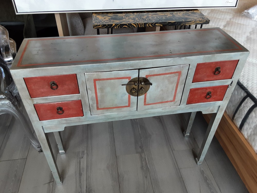 CONSOLE CHINOISE GRISE ET ROUGE 2 PORTES 4 TIROIRS