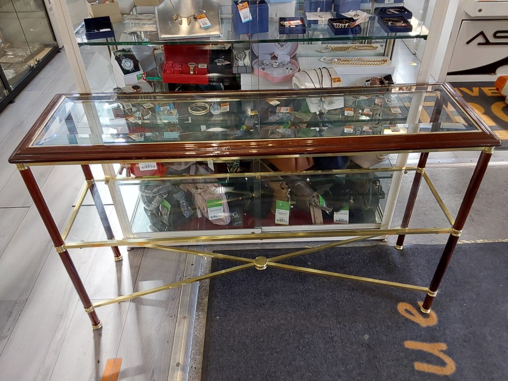CONSOLE 2 ÉTAGERES PLATEAU VERRE ET LAITON