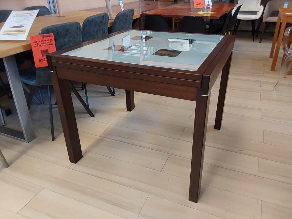 TABLE CARREE EXTENSIBLE WENGE + VERRES OPAQUE 180 CM OUVERTE