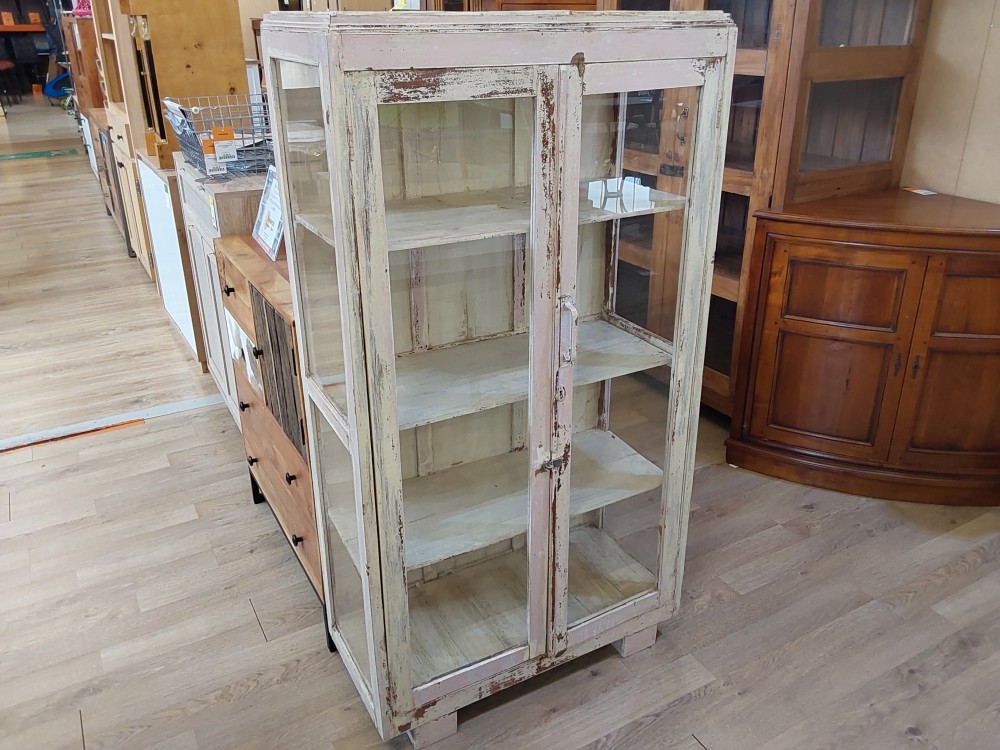 VITRINE ANCIENNE BLANCHE EN BOIS 2 PORTES 