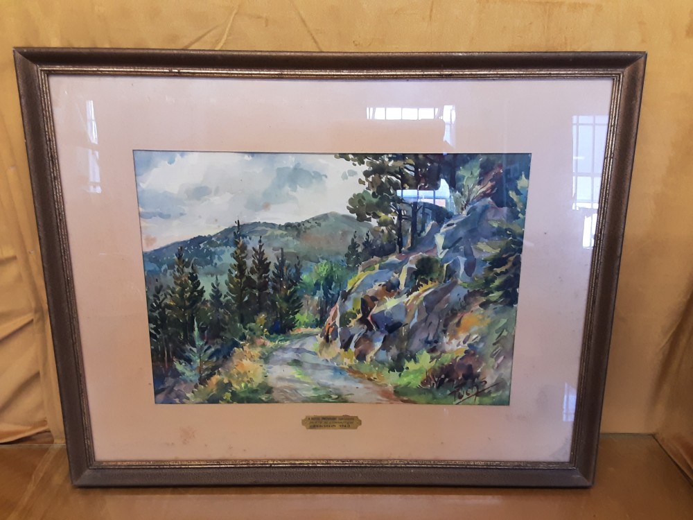 Tableau Aquarelle Signee Fuchs Motif Montagne Foret
