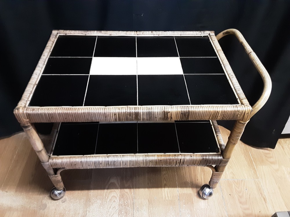 DESSERTE SUR ROUES VINTAGE ROTIN PLATEAUX CARRELÉS