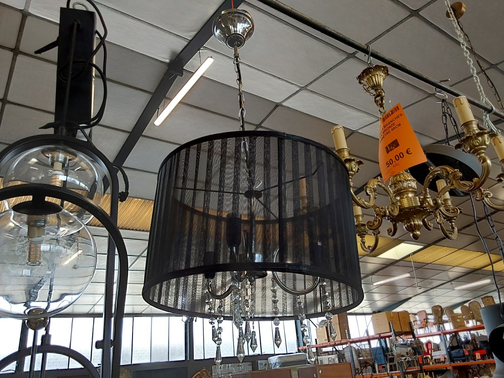 Lustre Abat Jour Style Baroque Noir Transparent Et Pampilles
