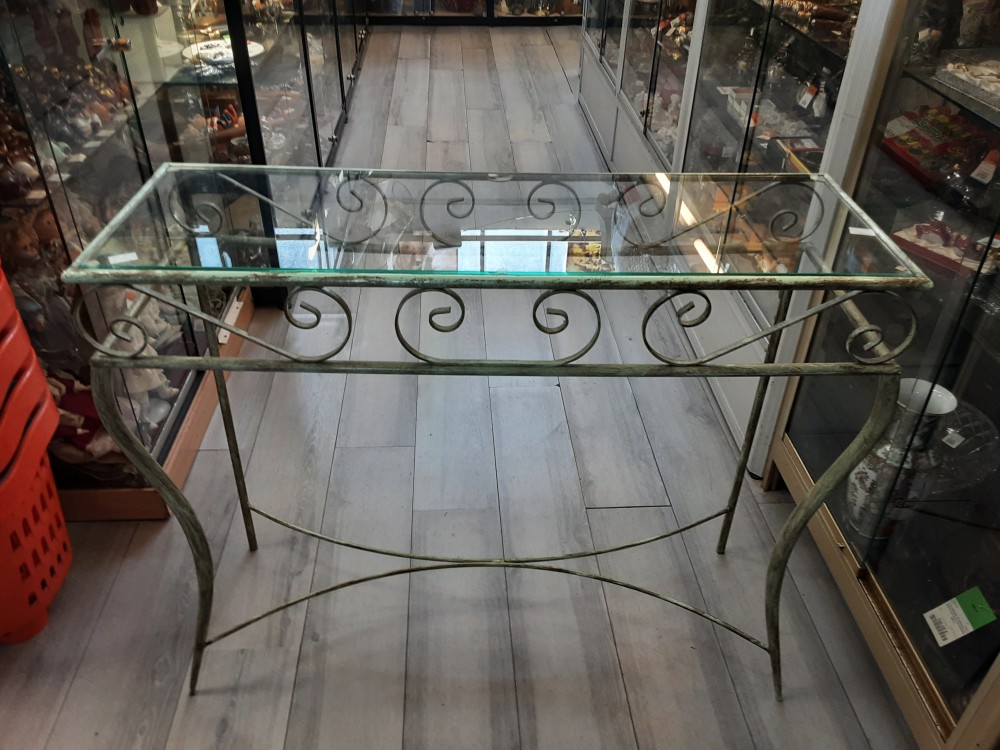 CONSOLE FER FORGE VERT PLATEAU VERRE 