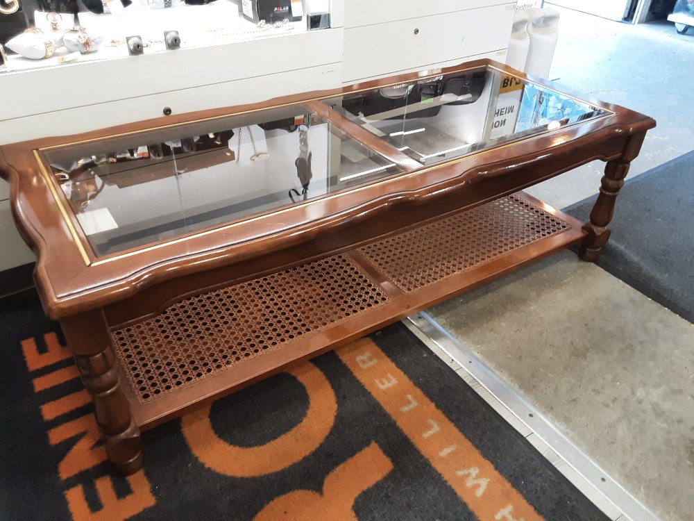 Table Basse Merisier Plateaux En Verre Et Cannage