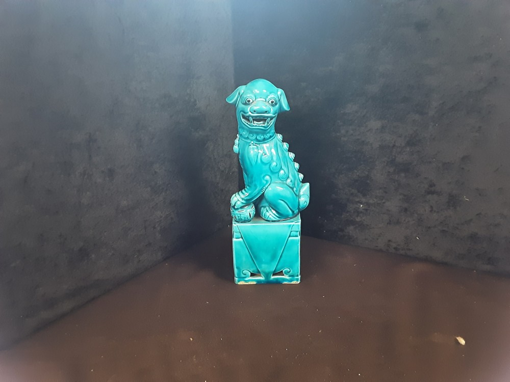 Statuette Asiatique Chien Assis Bleu Turquoise Haut 25Cm