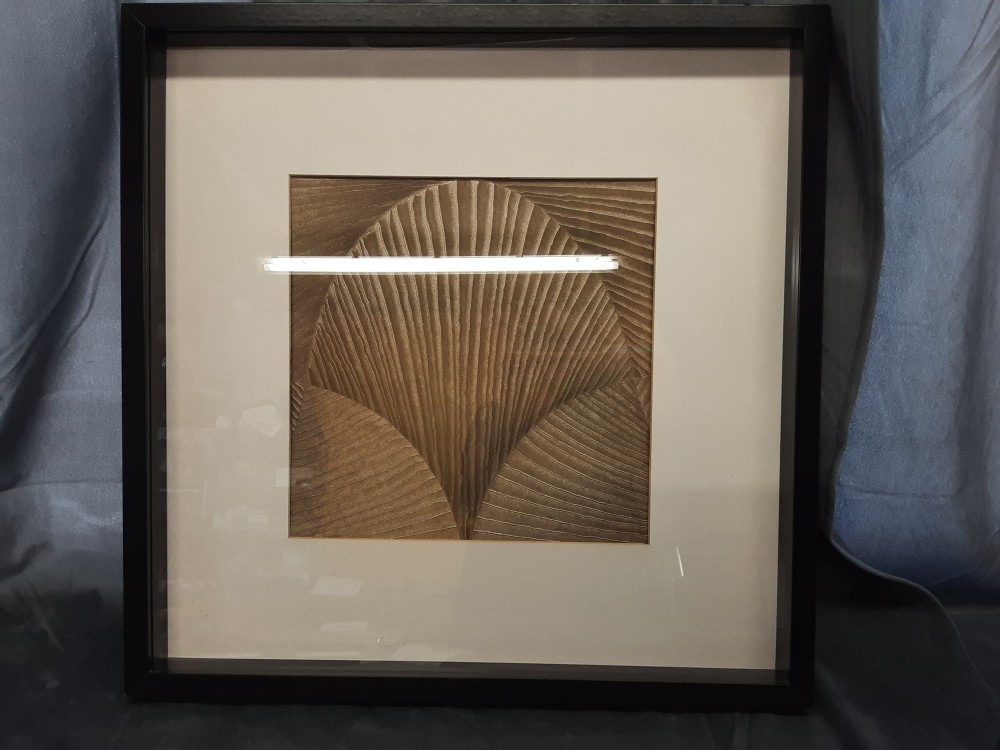 TABLEAU FEUILLE DORÉE CADRE NOIR SOUS VERRE 