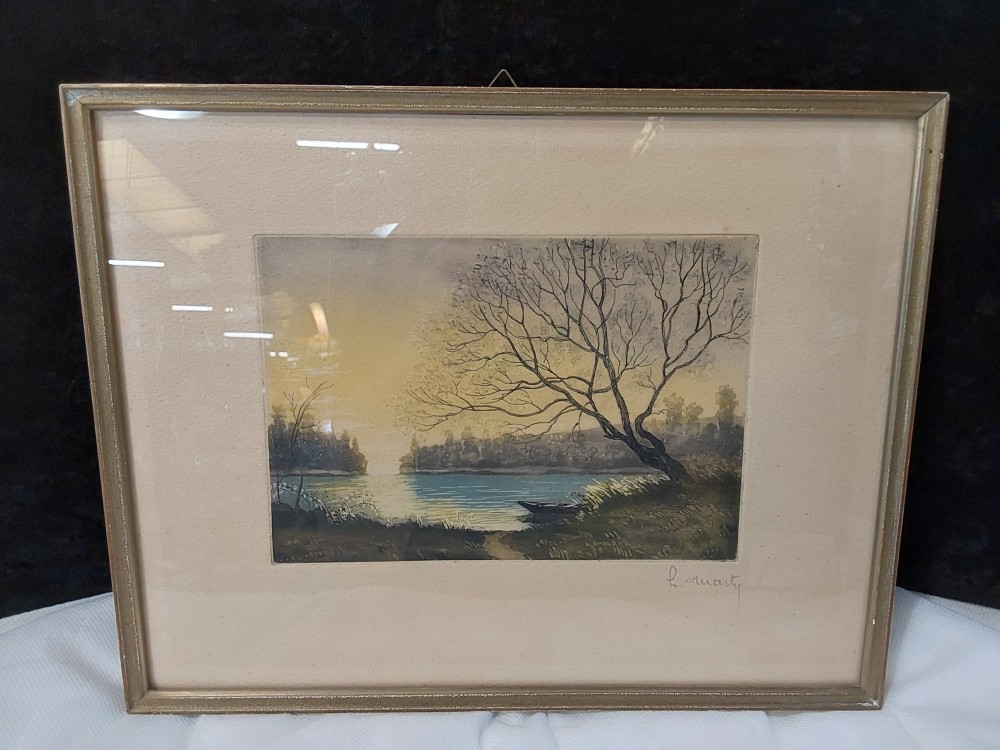 TABLEAU LAC AVEC BARQUE SIGNÉ 