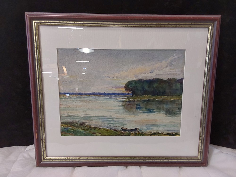 TABLEAU AQUARELLE LAC AVEC BARQUE SIGNÉ 