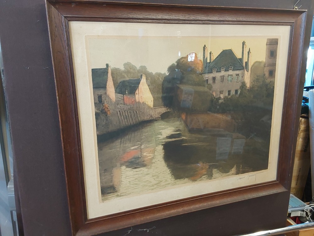 TABLEAU GRAVURE MAISONS ET EAU SIGNÉ HENRI JOURDAIN