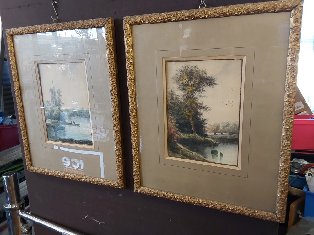 TABLEAU AQUARELLE ARBRES ET LAC SIGNÉ 