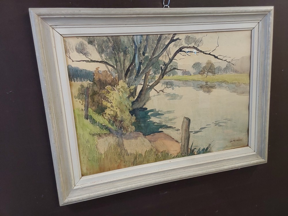 TABLEAU AQUARELLE RUISSEAU SIGNÉ D.RICHIER