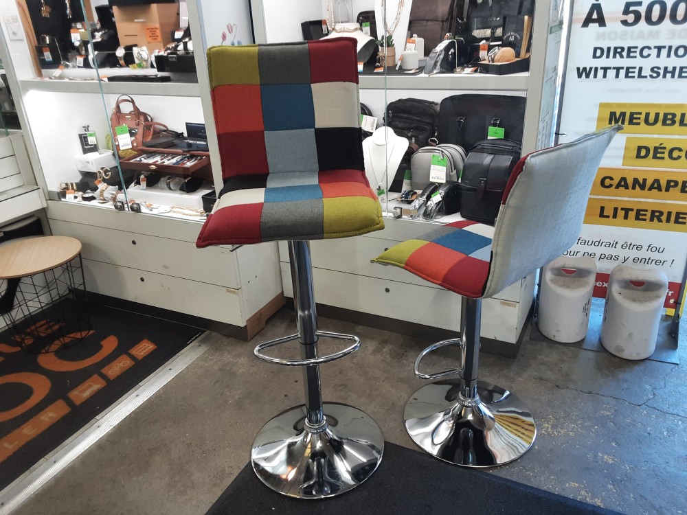 TABOURET PIVOTANT REGLABLE EN HAUTEUR TISSU PATCHWORK HAUTEUR MAXI ASSISE HAUTE 78CM