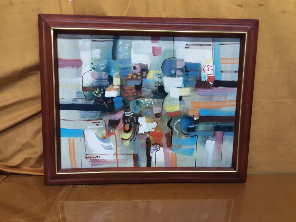 Tableau Peinture Sur Bois Signé Abstrait Motif Cadre Bois