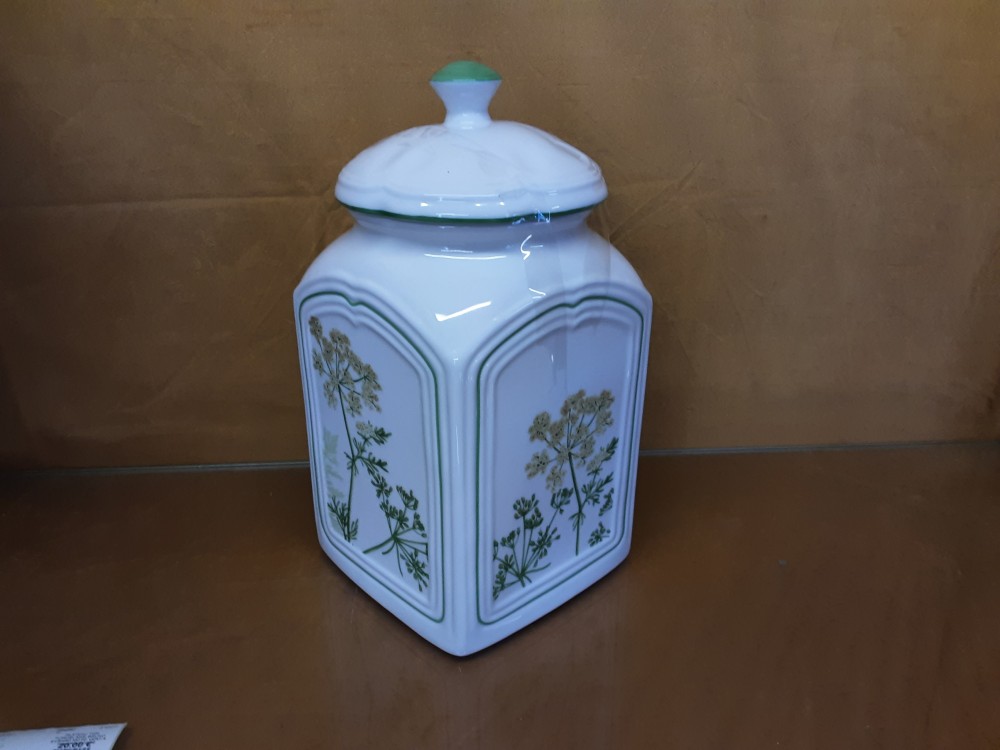 BOCAL CARRE EN PORCELAINE COLORIS BLANC ET VERT HAUT 27CM