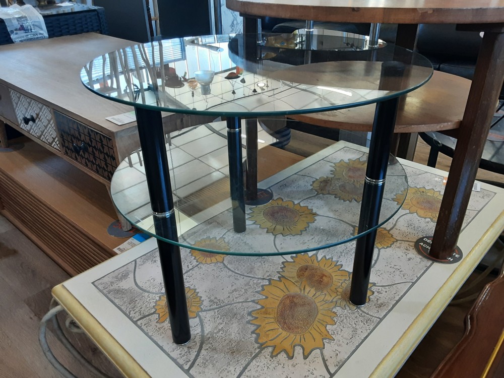 Table Basse Rond 2 Plateaux En Verre Pieds Metal Noir
